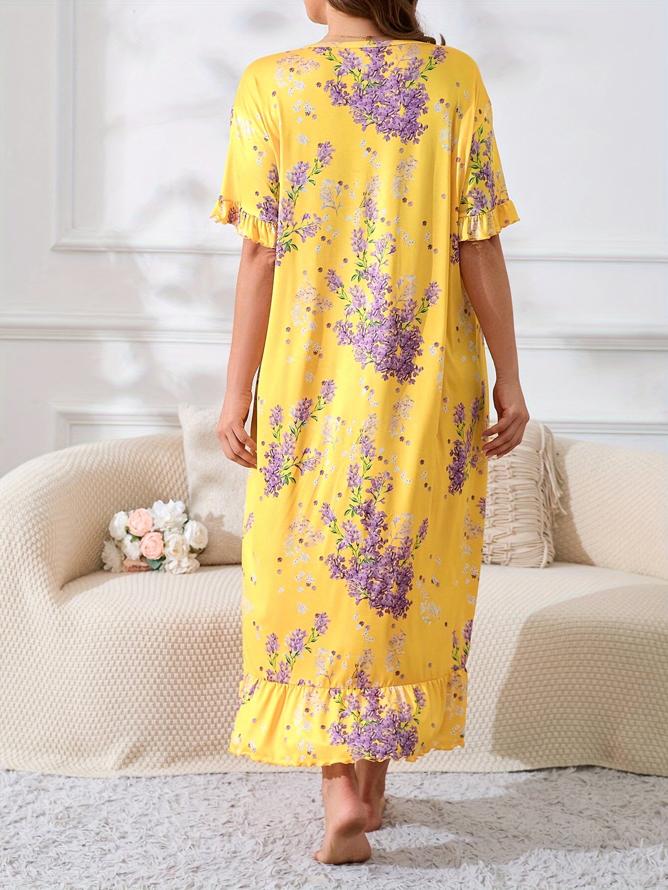 Plus Size Women's Floral Print Short Sleeve Nightdress Ruffle Trim