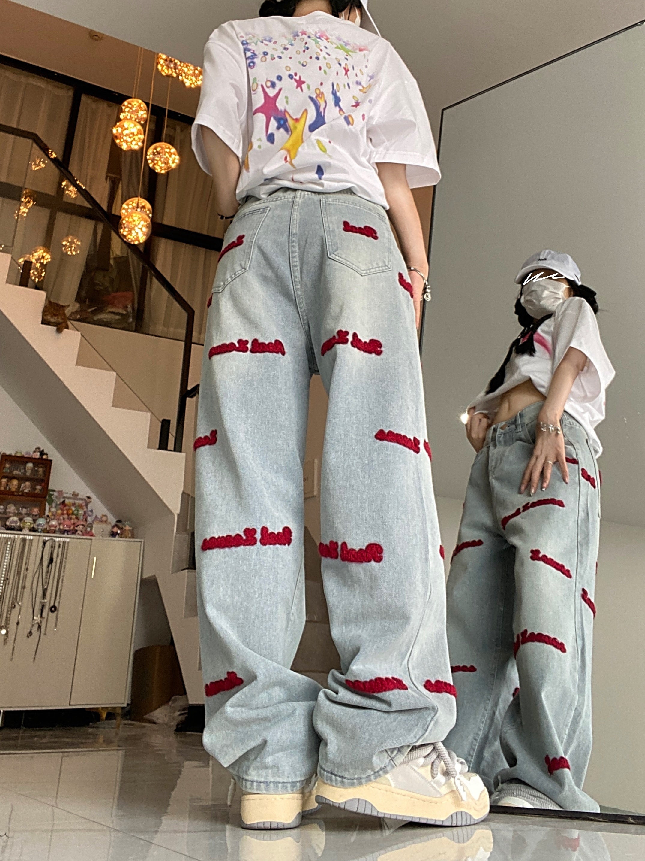 Women's Denim Jeans with Red Embroidered Lettering Regular Fit Long Stretch Fabric Casual All-Season