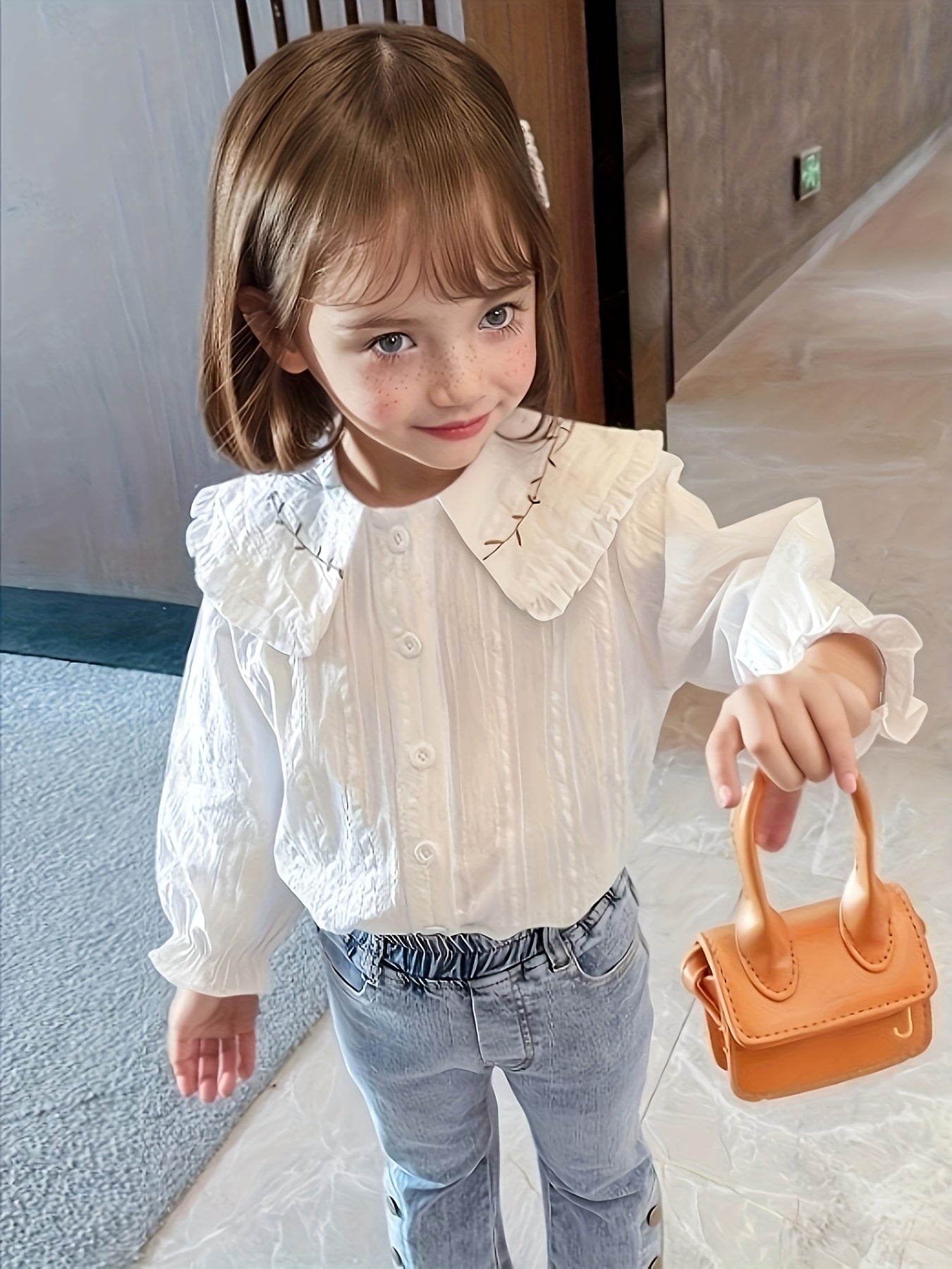 Девочковая цветочная рубашка с рюшей из хлопкового смесового материала для весны и осени