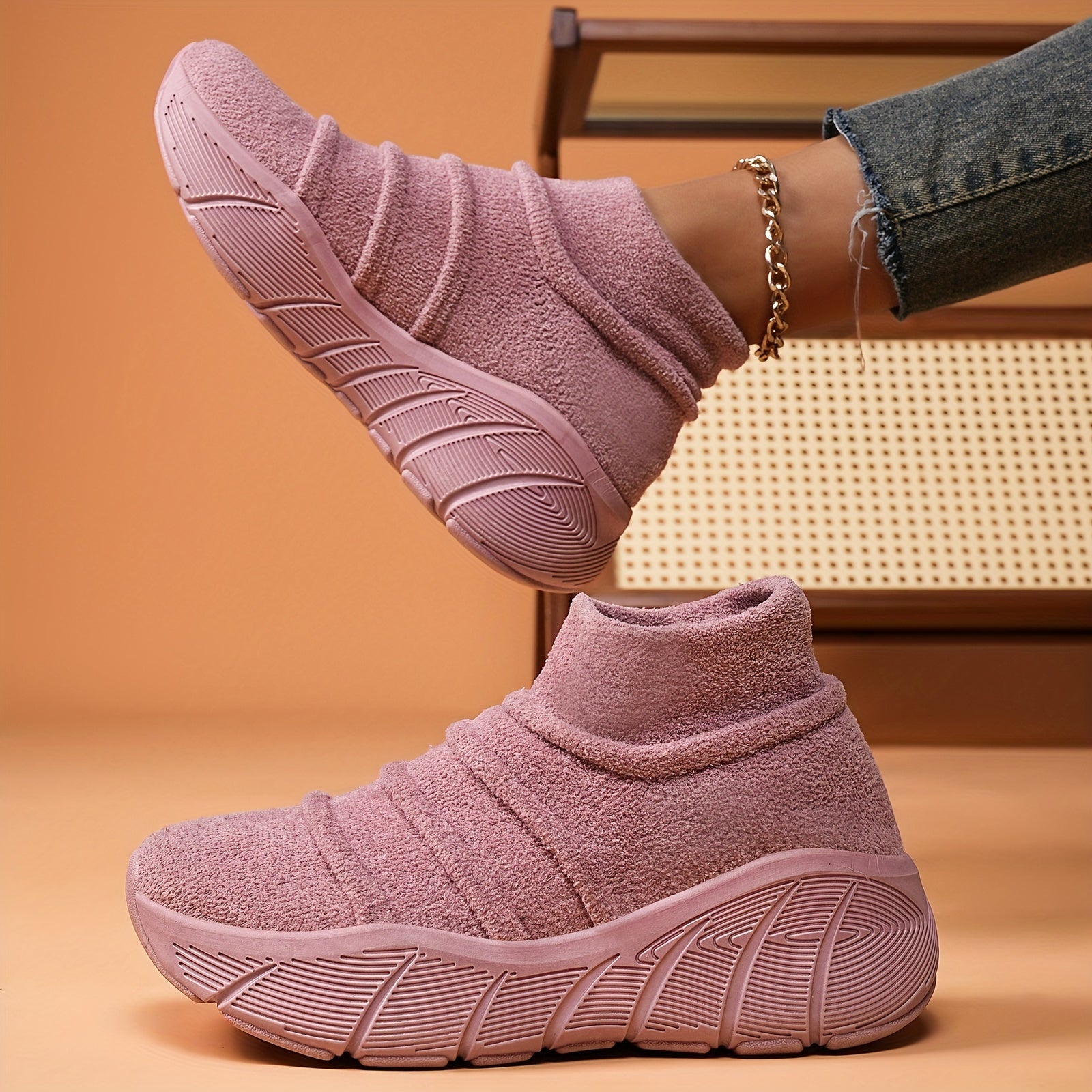 Women's Winter High Top Sneakers Slip-On Fabric Ankle Boots Solid Color