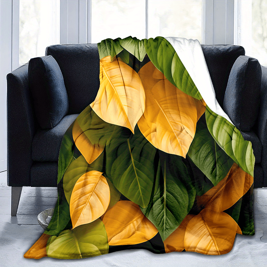 3D Leaf Print Flannel Blanket for Sofa Bed Travel Cozy Throw