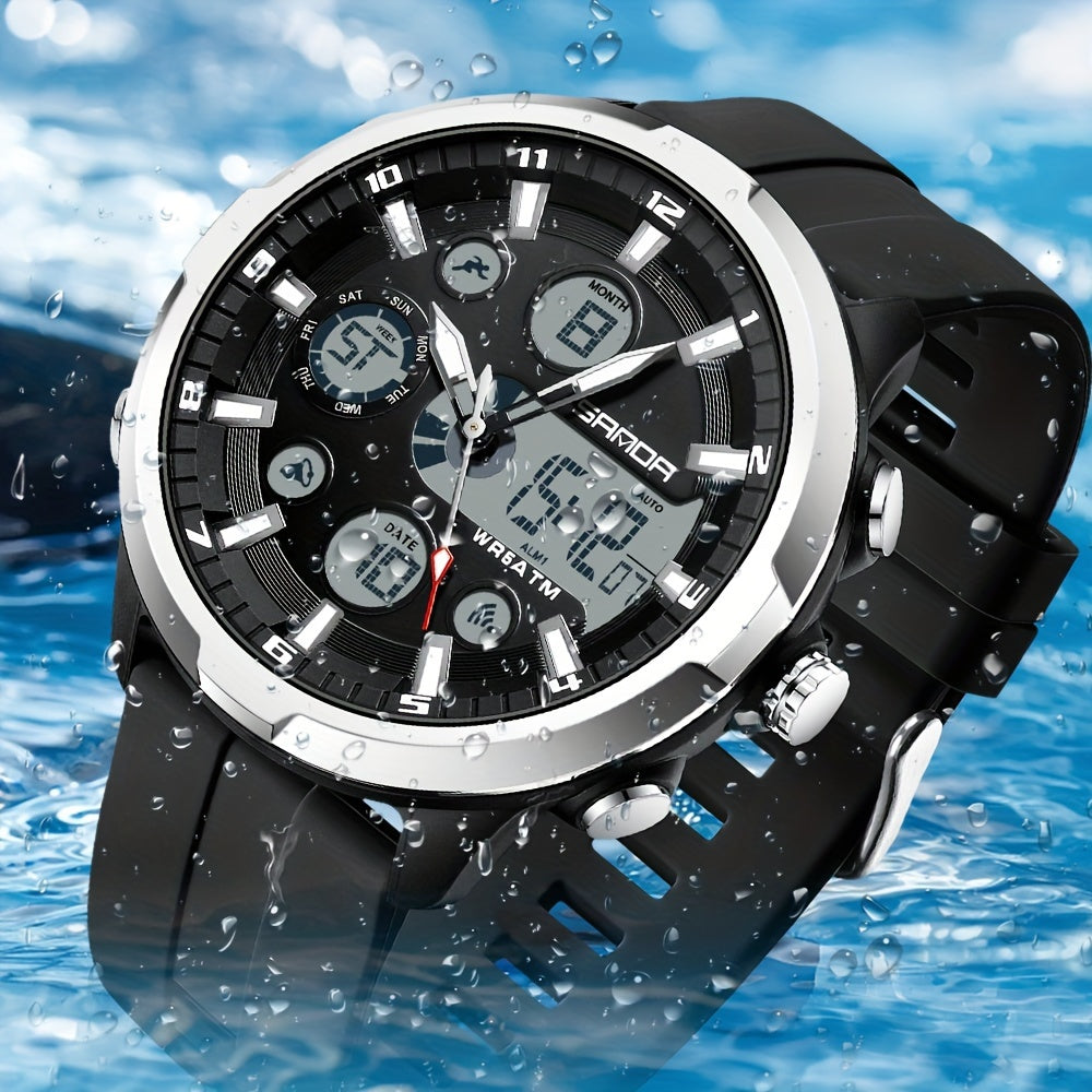 Men's Sports Watch Quartz Chronograph Water-Resistant 5ATM with Date Display and Silicone Strap