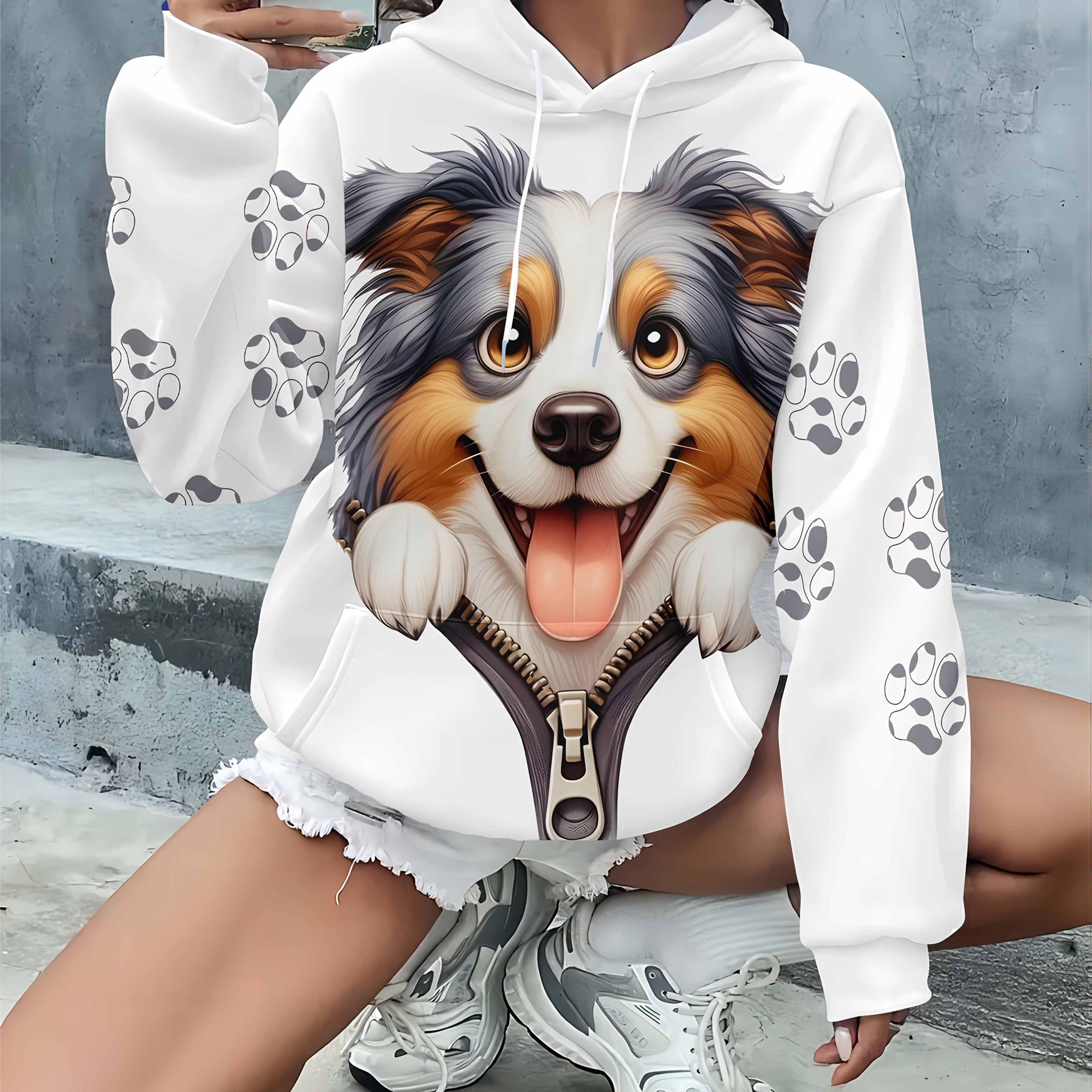 Women’s White Dog Print Hoodie Casual Plus Size Pullover with Drawstring