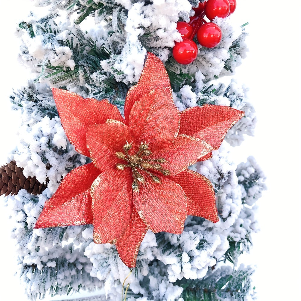 Juego de 10 flores artificiales de Navidad con purpurina para decoración de árbol 14cm