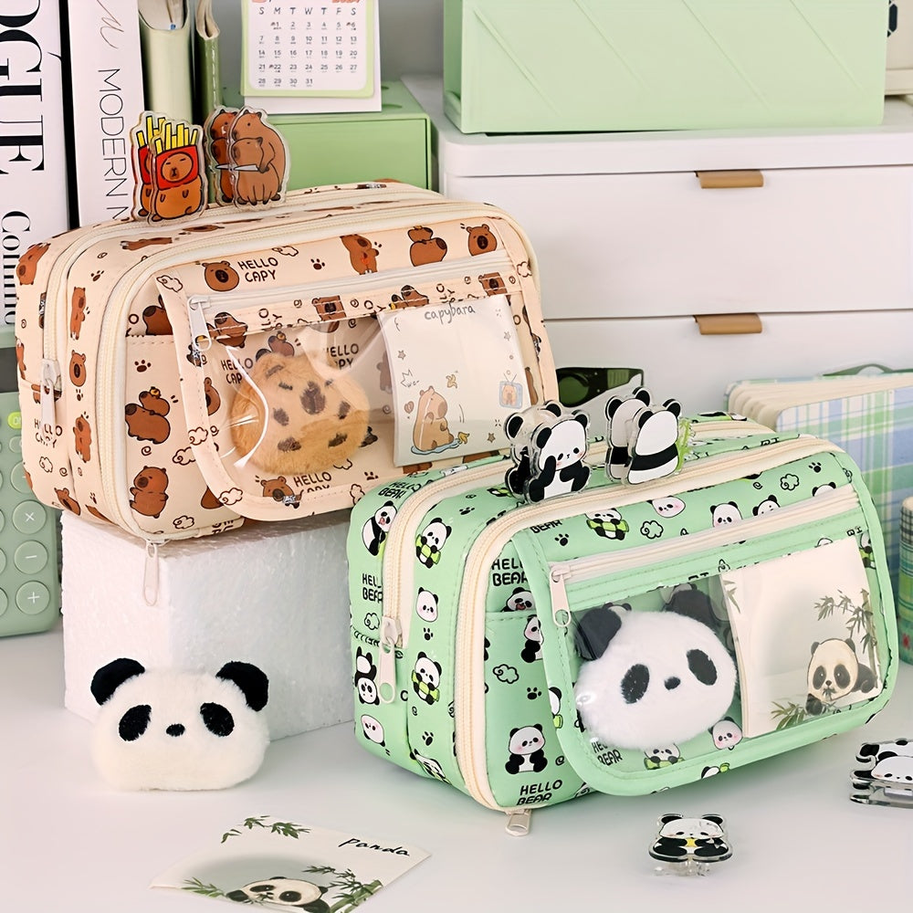 Kids Boys Girls Panda Cartoon Pencil Case with Multi-Layer Organizer Oxford Fabric Storage Box