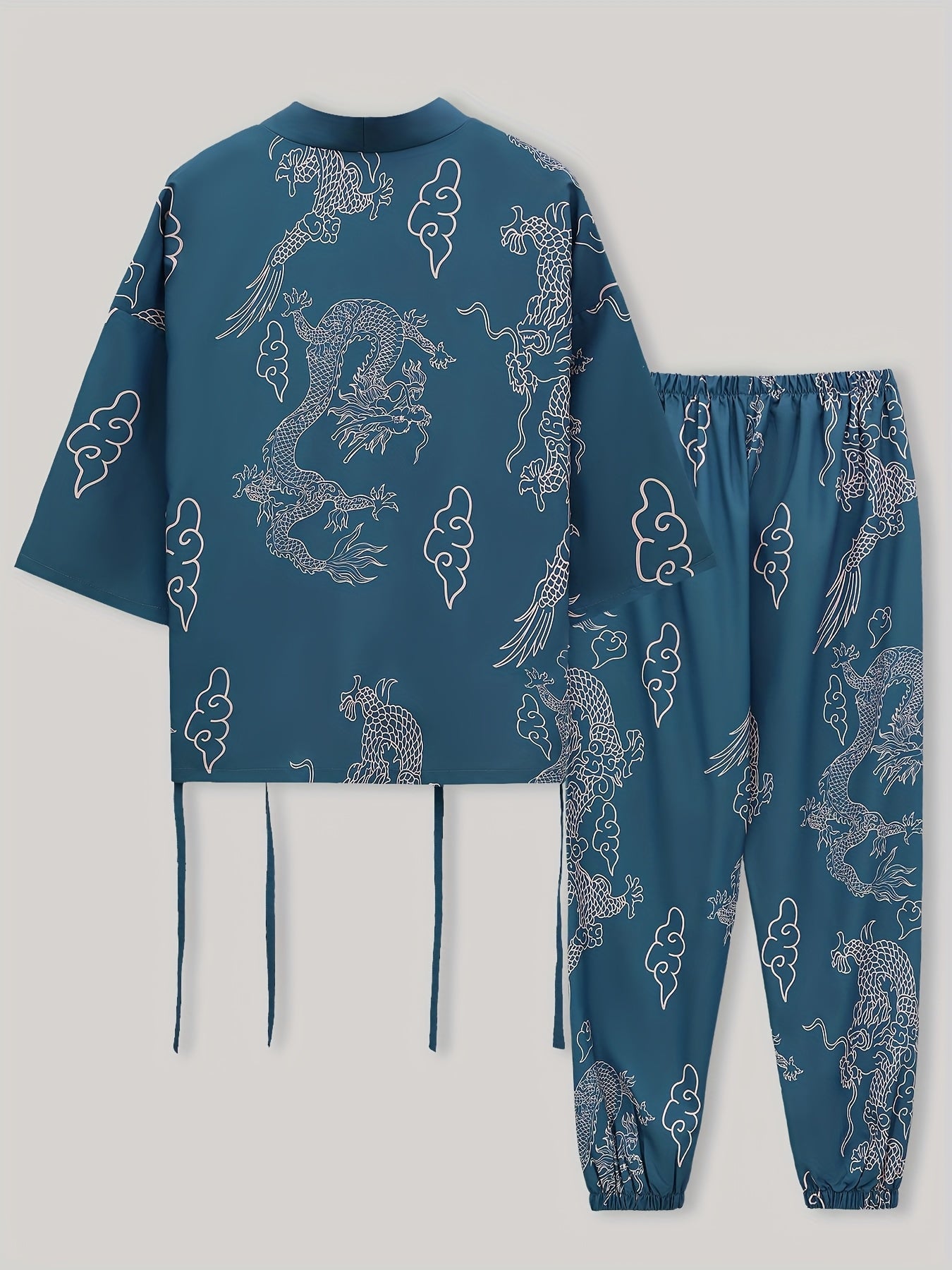 Men's Dragon Print Kimono Robe Set Casual Polyester Loungewear with Matching Pants for Spring Autumn