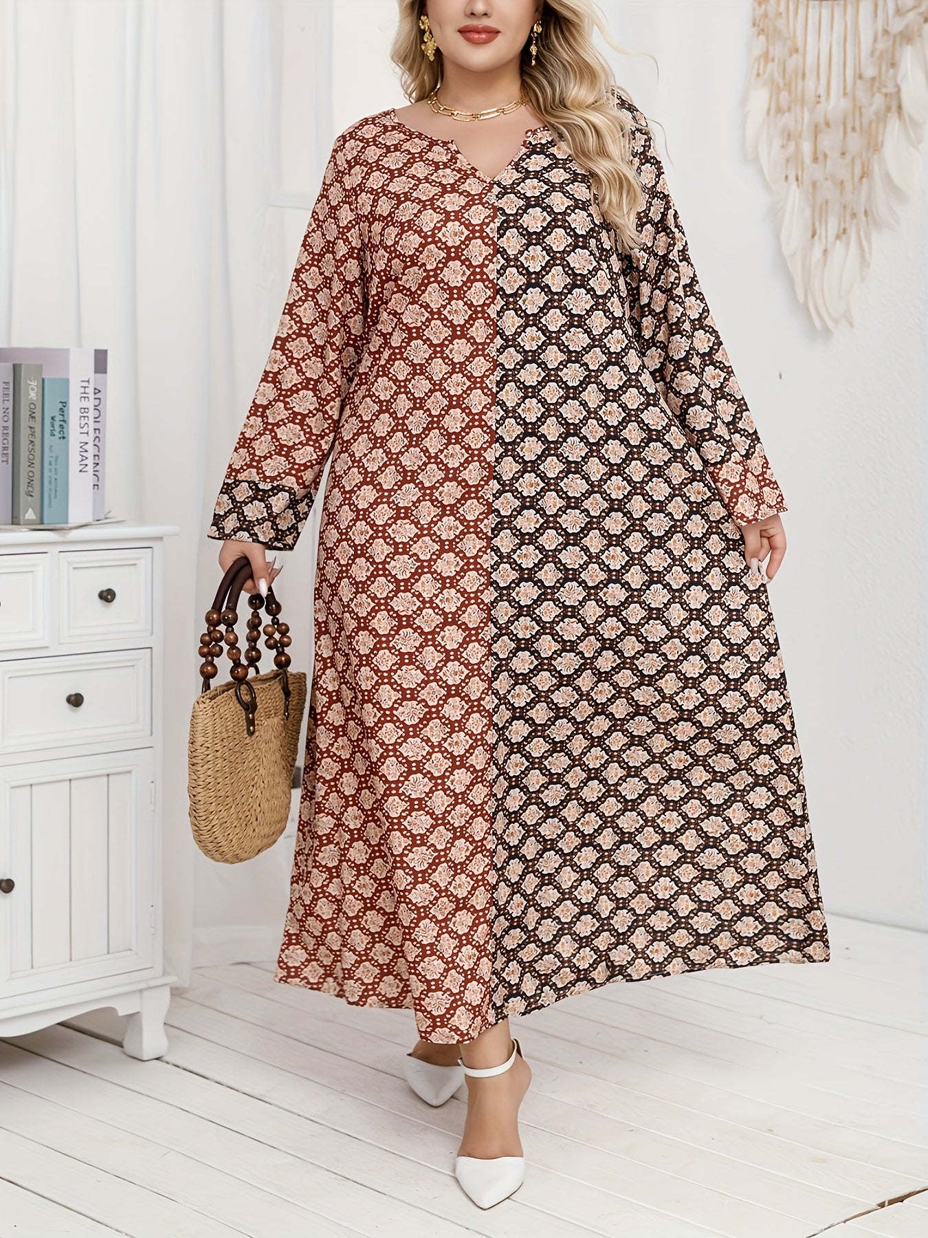 Women's Polyester V-Neck Tunic Dress All-Season Loose Fit Printed