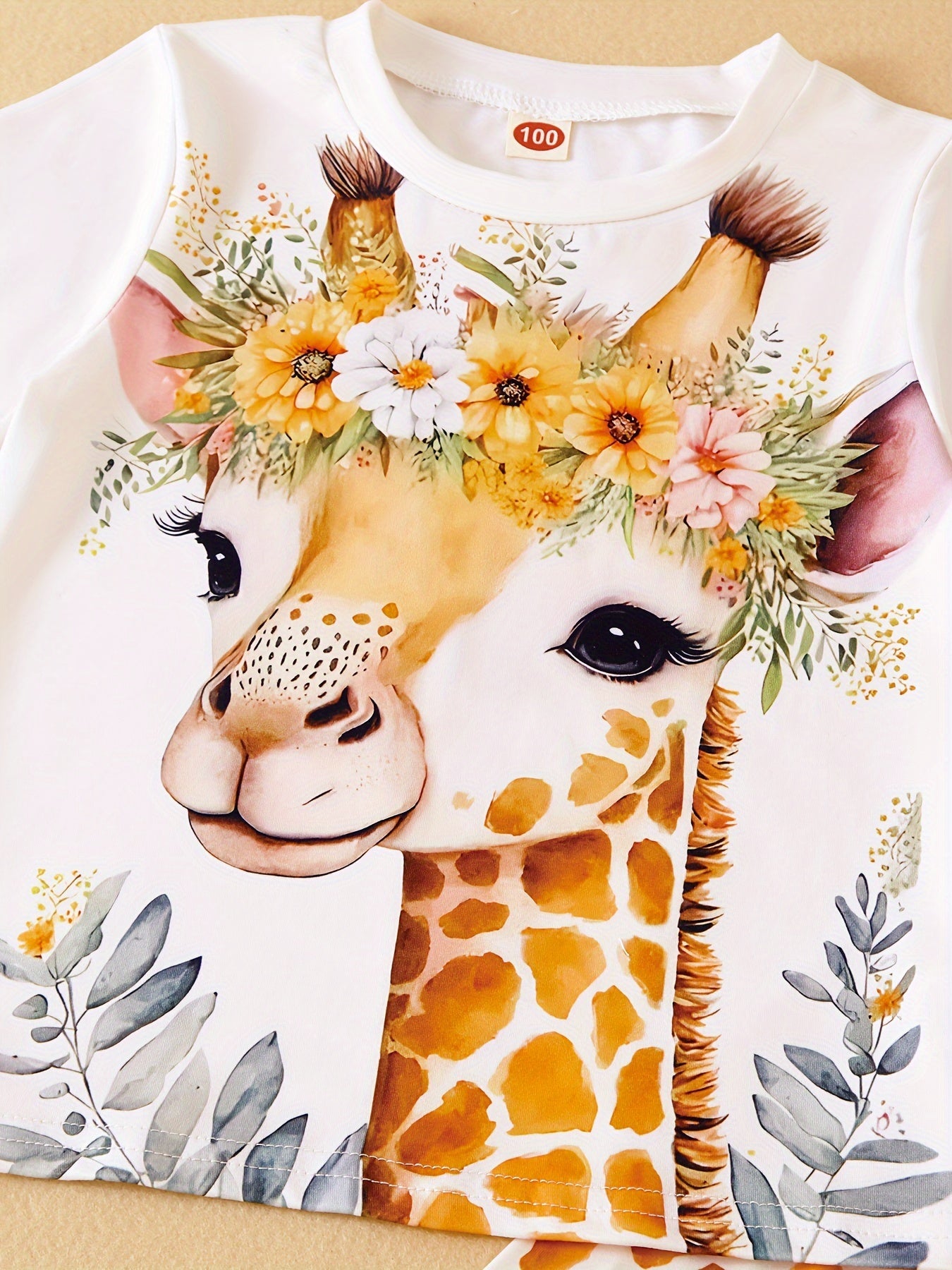 Kids' Summer 3D Giraffe Graphic T-Shirt and Flare Pants Set Polyester