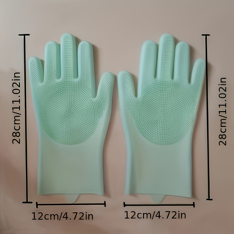 Guantes de silicona para lavar platos con cepillo de fregar incorporado, impermeables, resistentes al calor, gris