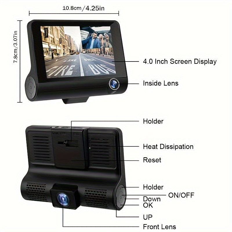 HD 3-Lens Dash Cam Night Vision Loop Recording Reversible Image Front Interior Rear View