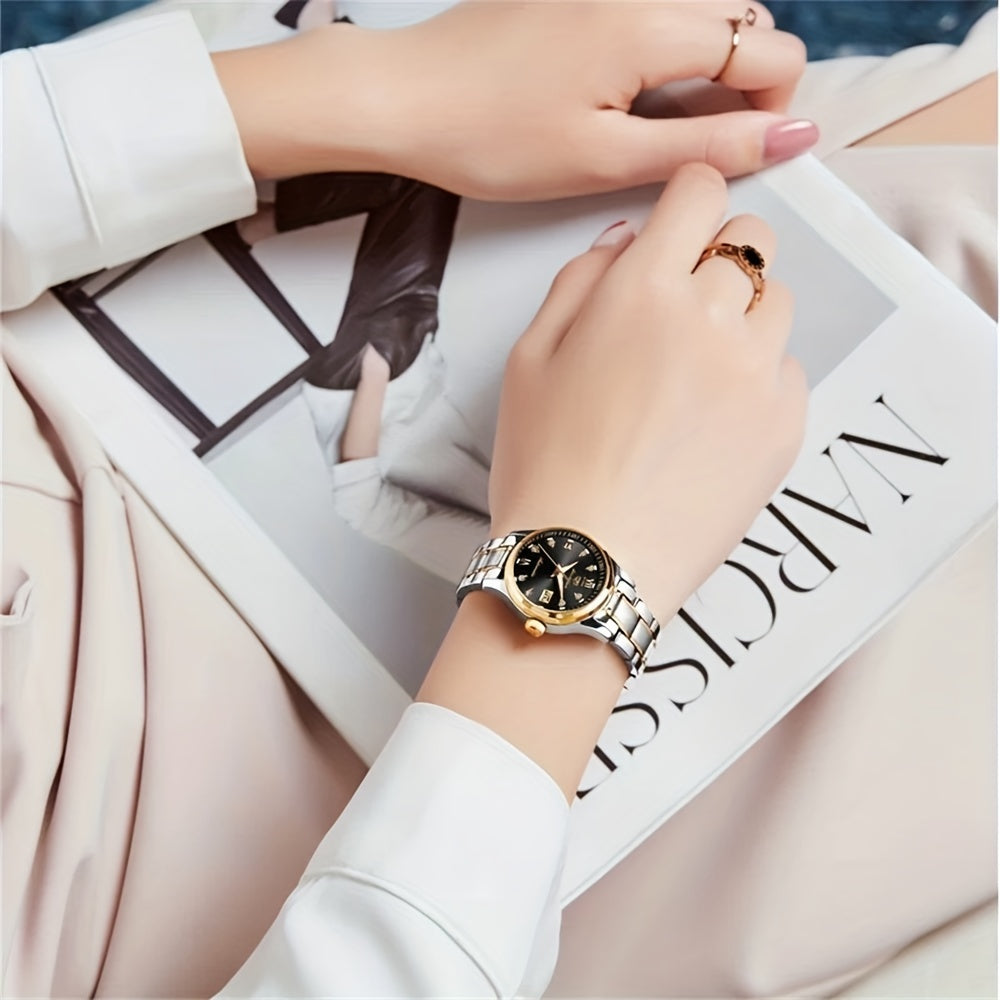 Women's Rhinestone-Embellished Quartz Watch with Calendar and Luminous Dial