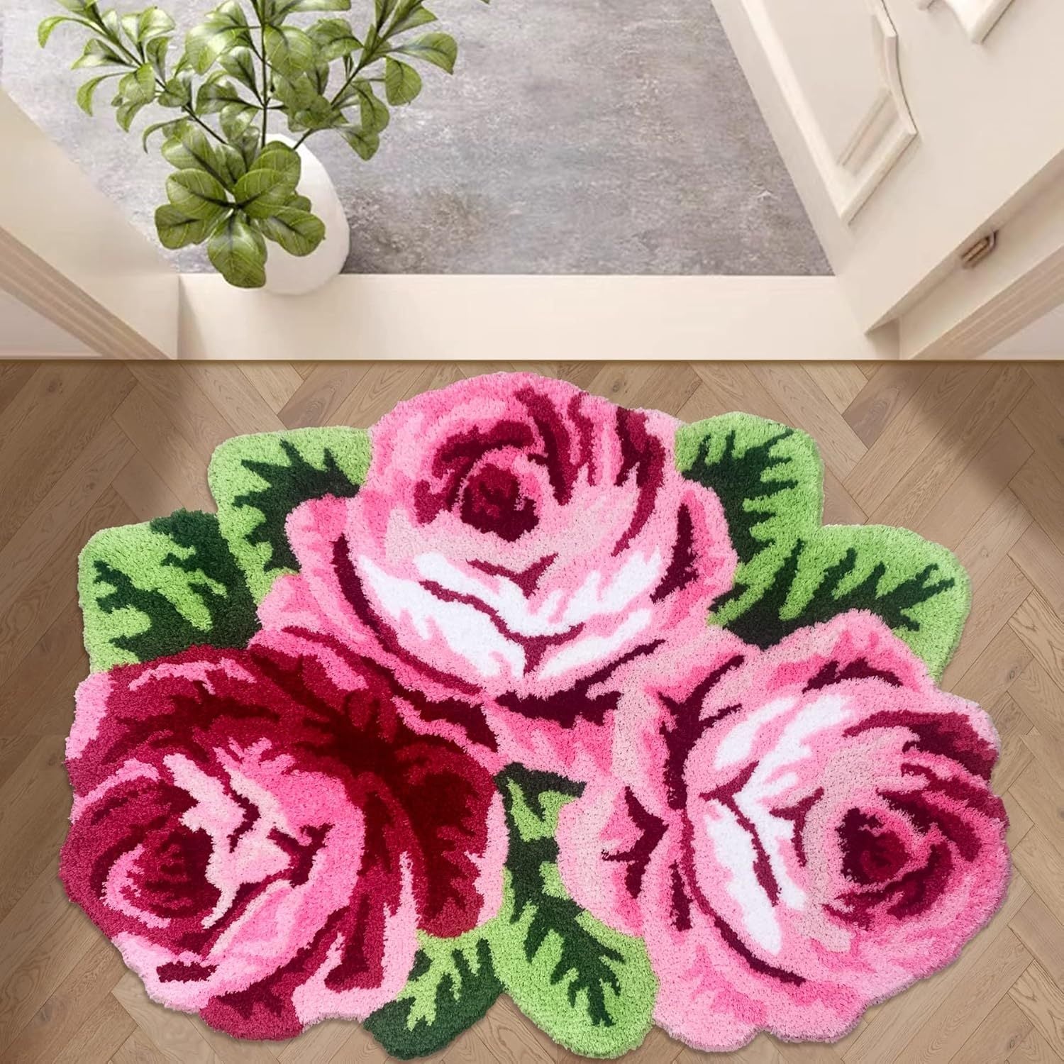 Valentine's Day Decor Crystal Velvet Rose Bath Rug Non-Slip 1cm Thick