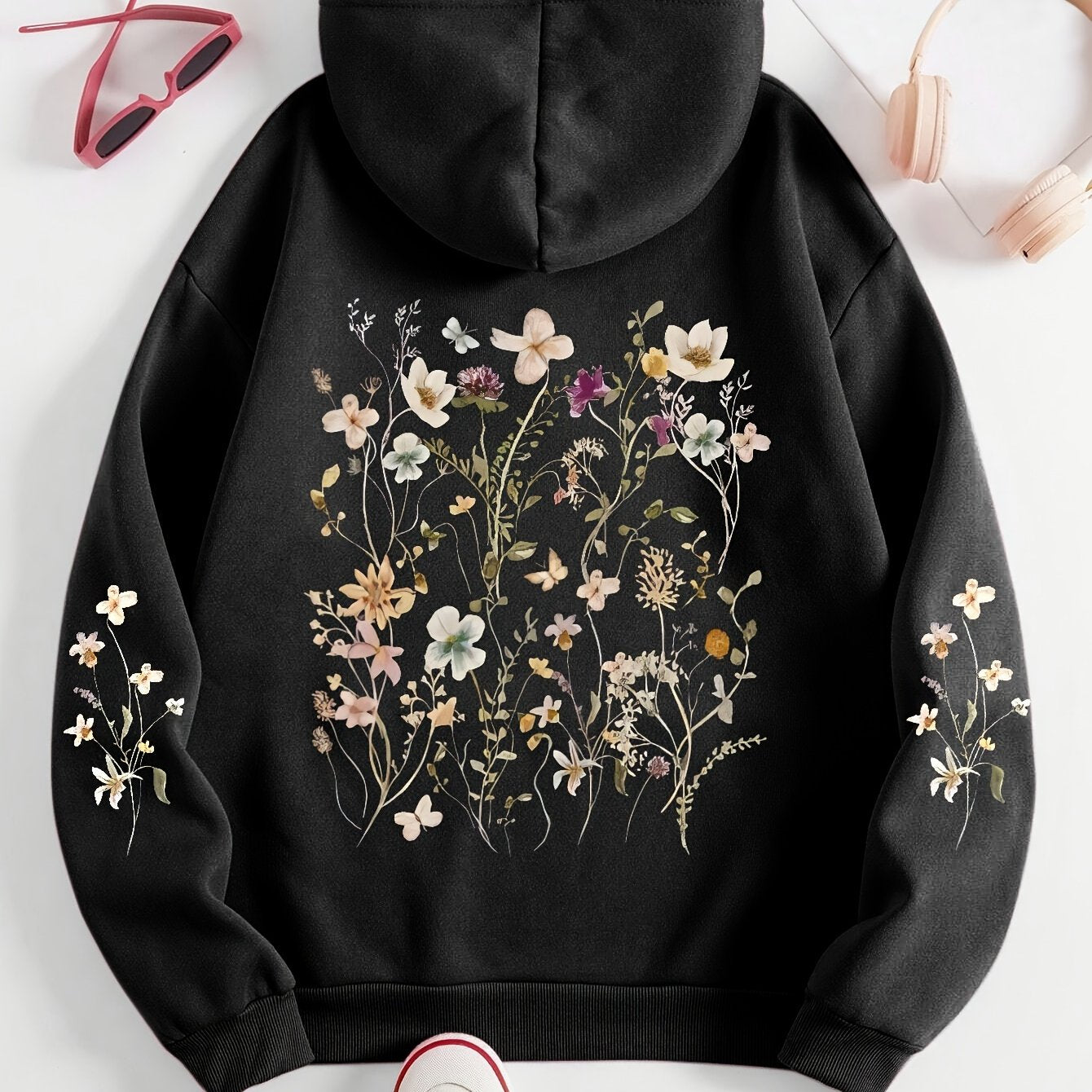 Толстовка-худи женская повседневная с цветочным принтом и карманами, размер плюс