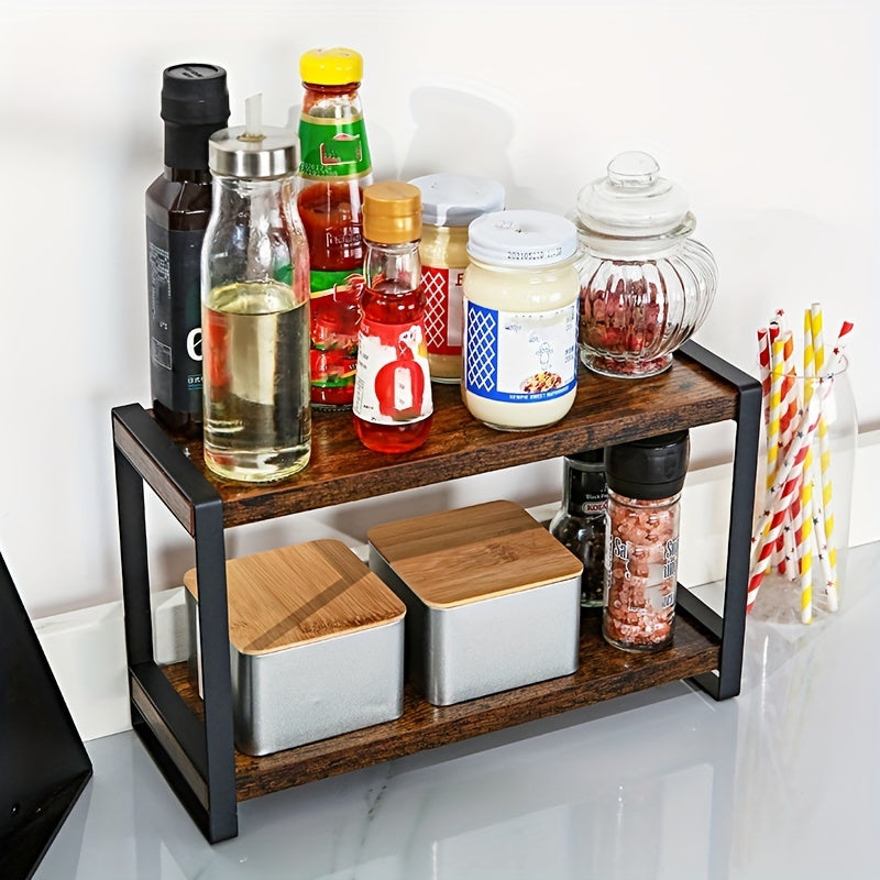 Rustic Brown 2-Tier Spice Rack Organizer for Kitchen Countertop Storage