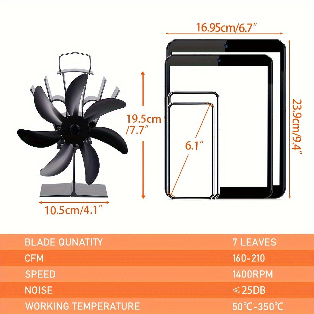 Black 7-Blade Fireplace Fan Heat Powered Stove Fan Portable Indoor Outdoor