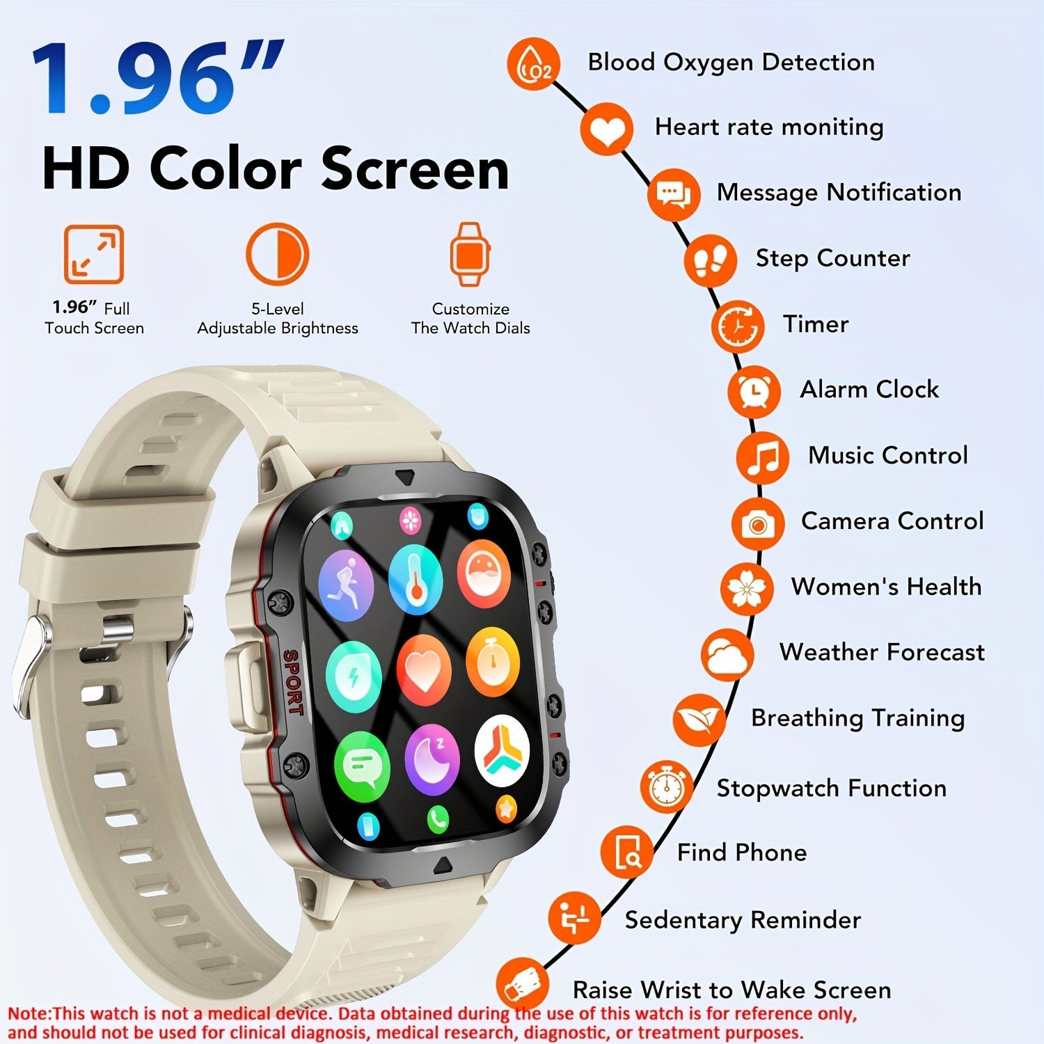 Smartwatch 4.98cm Full Touch Display Fitness Tracker Sleep Step Monitoring Waterproof Compatible with iOS Android