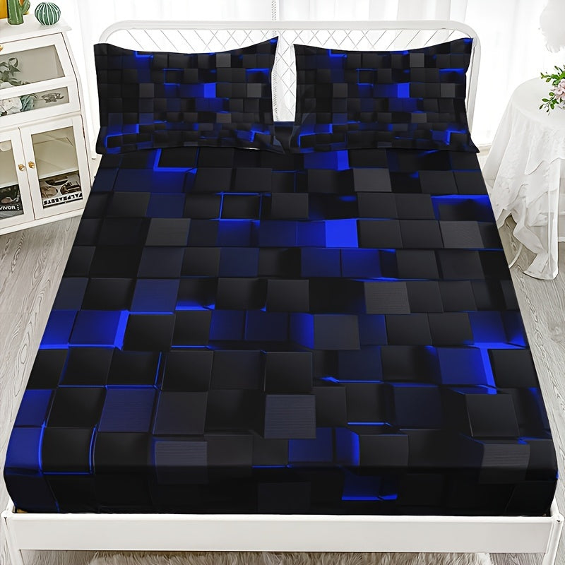 Set of 3 Red Plaid Fitted Sheet and Pillowcases Bedding Set for Home or Dorm