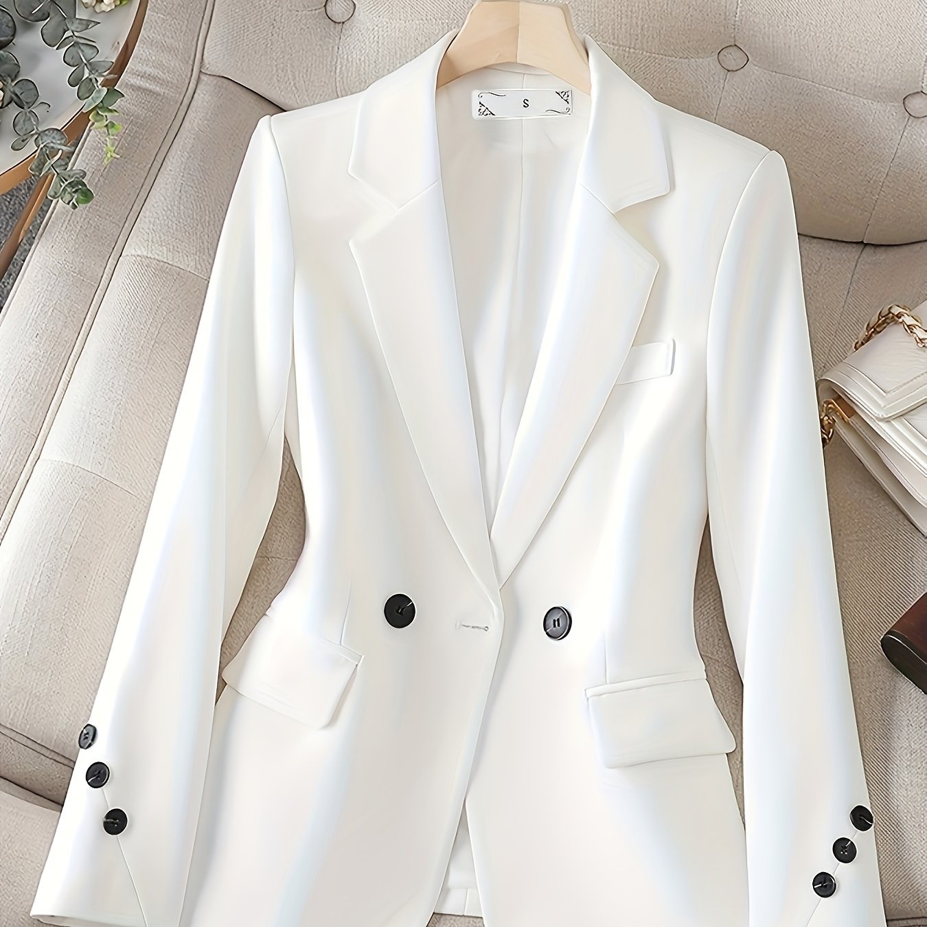 Women's Elegant Double-Breasted Blazer with Long Sleeves and Solid Color