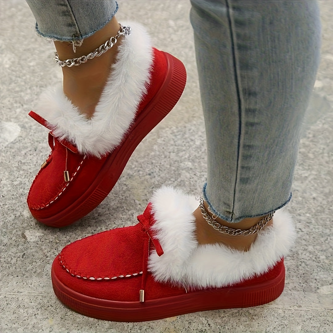 Женские утеплённые сапоги-слипоны с плюшевой подкладкой и бантом-брелоком, искусственный мех