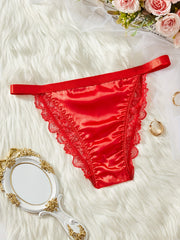 Women's Lace Trim Semi-Sheer Polyester Blend Thong with Bow Detail