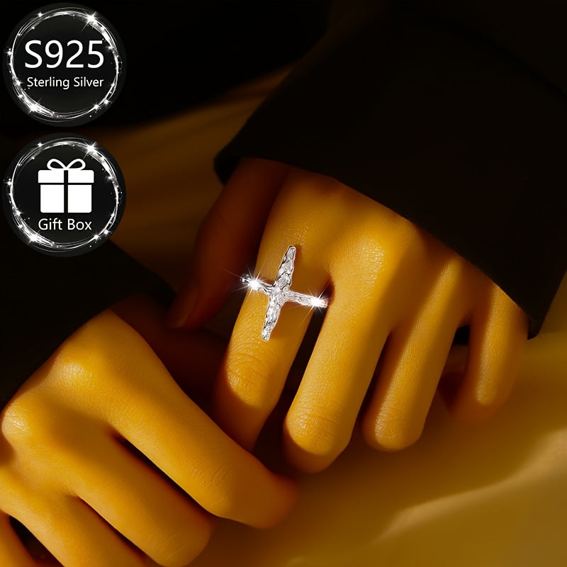 Sterling Silver Adjustable Open Cross Ring Textured Folding Pattern Unisex Jewelry