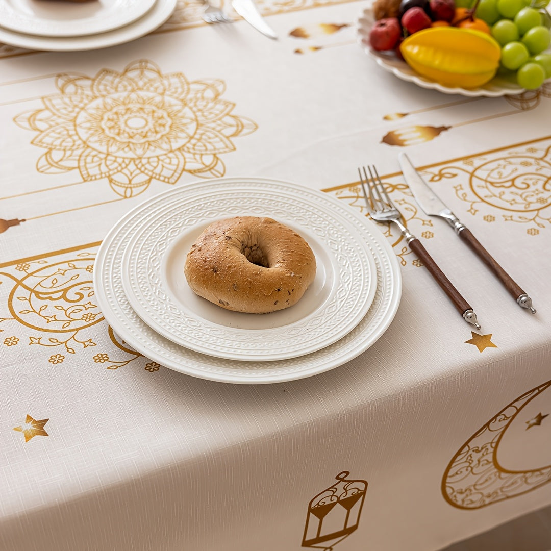 Bohemian Geometric Ramadan Eid Al-Fitr Tablecloth with Golden Moon and Star Design 100% Polyester
