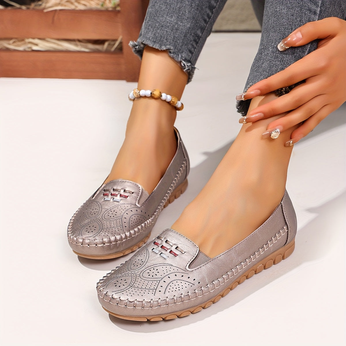 Zapatos planos para mujer de color sólido, casuales, con láser, aptos para usar, talla grande