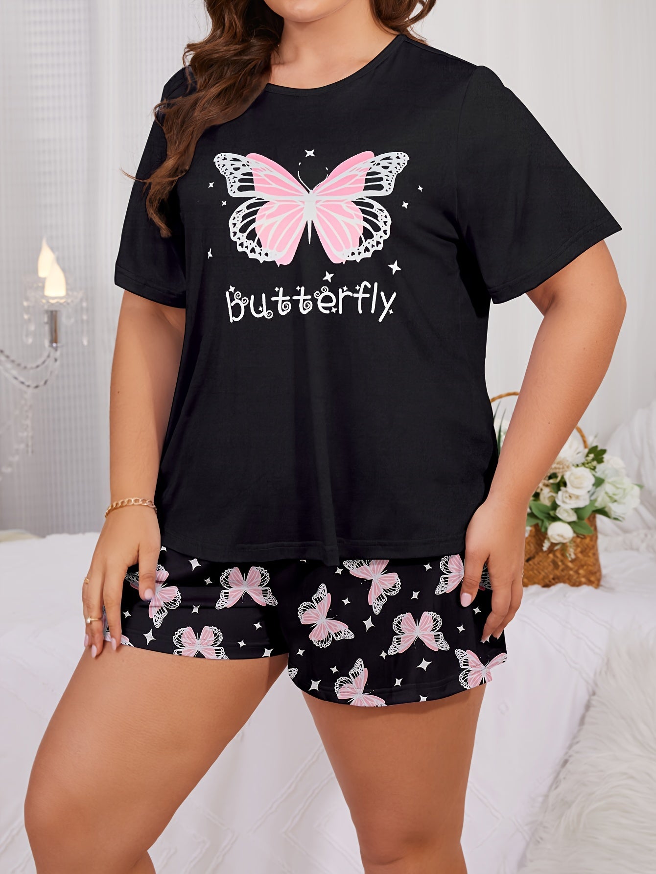 Plus Size Women's Cotton Short Sleeve Pajama Set with Butterfly Print