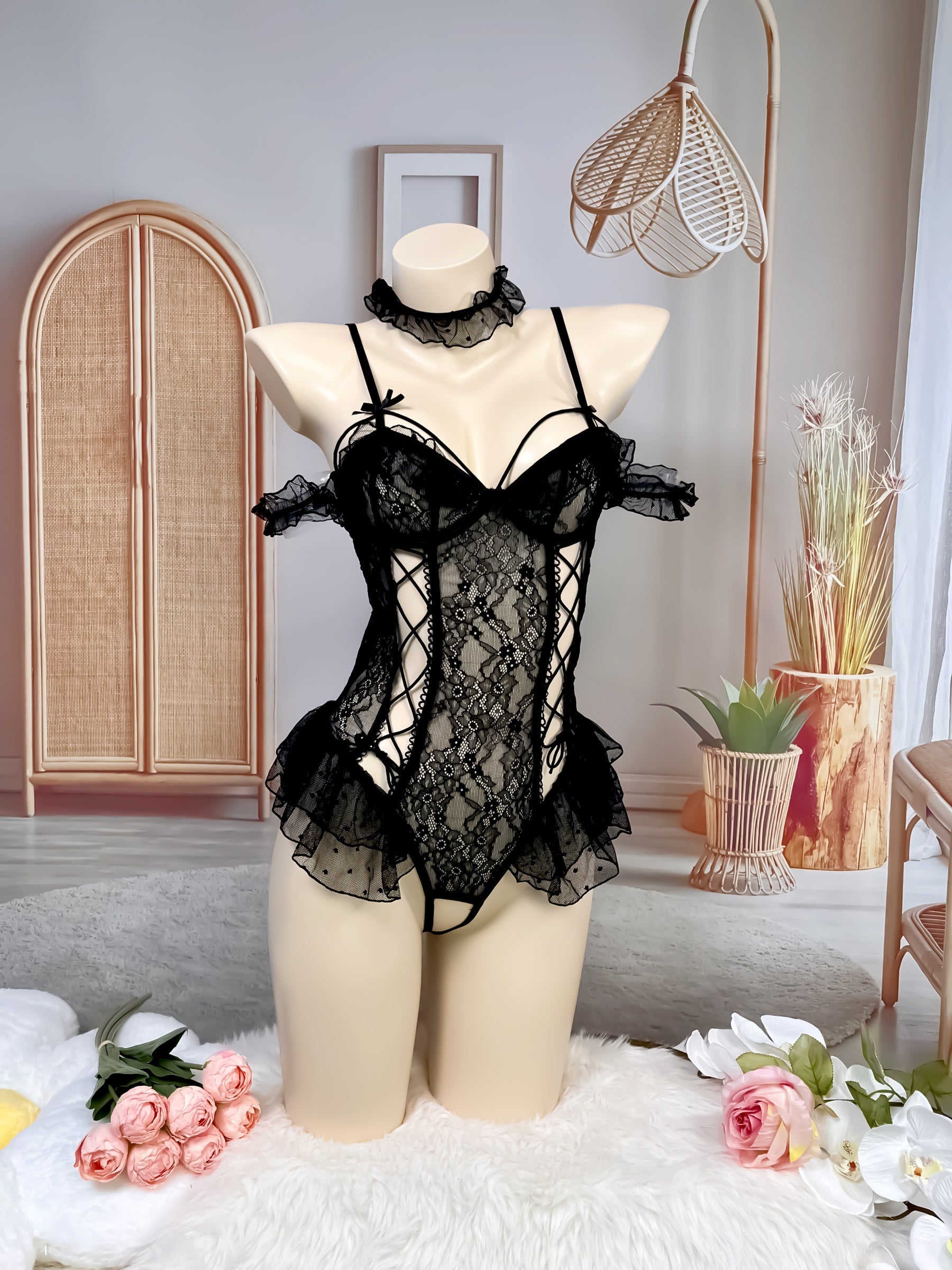 Women's Black Sleek Shoulder Strap Bodysuit Lingerie Top