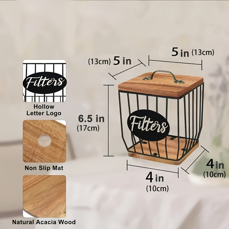 Large Capacity Coffee Capsule Holder Wooden Base Metal Wire Basket for Espresso Capsules