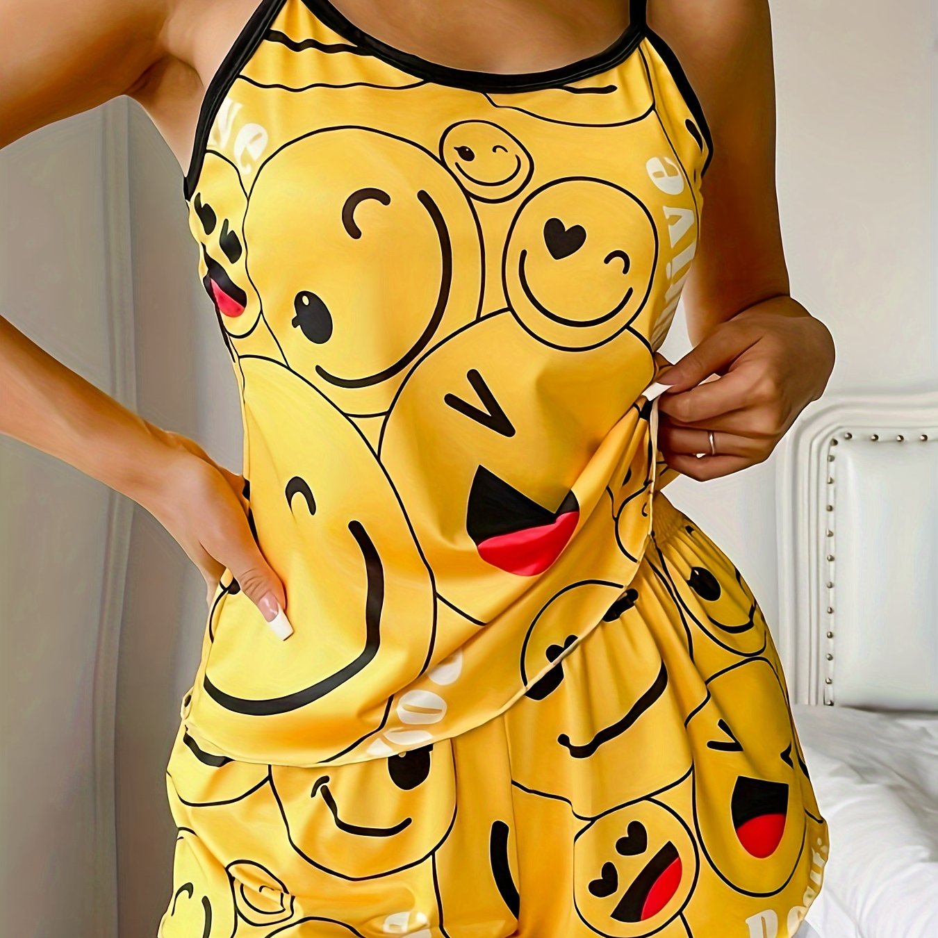 Women's Smiling Face Print Pajama Set with Frill Trim Backless Cami Top and Elastic Shorts