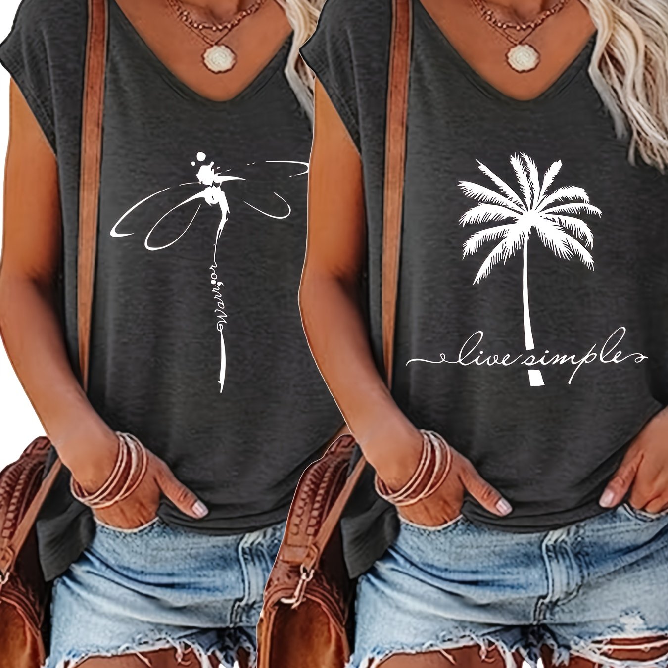 Plus Size Women's V-Neck Vests Two-Piece Set Floral Palm Tree Spring Summer Fabric