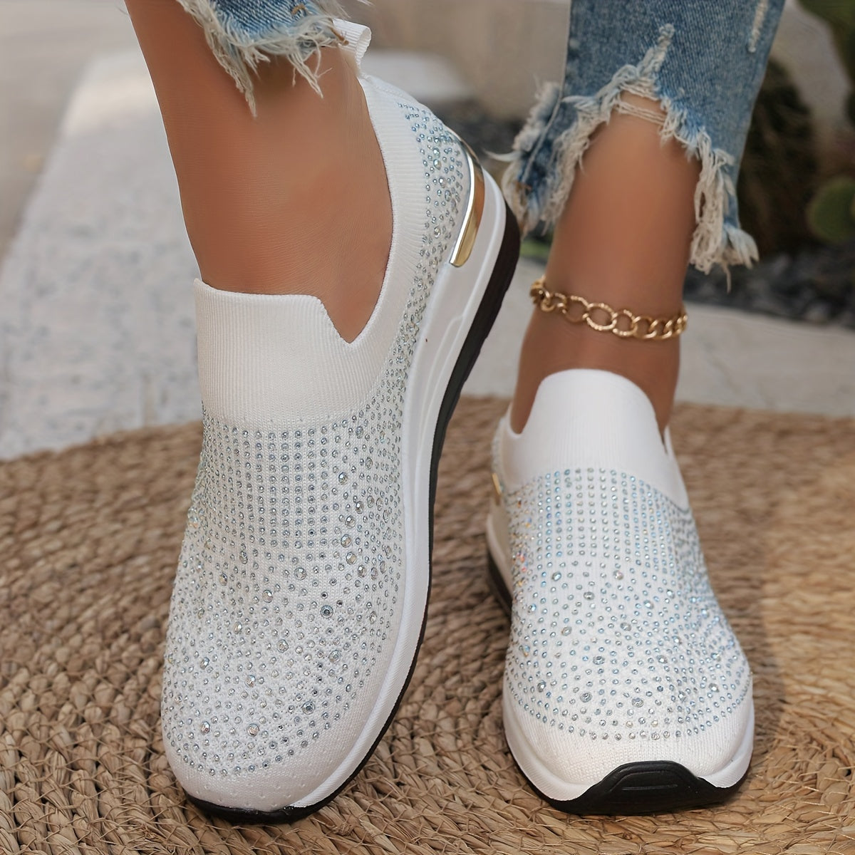 Women's Rhinestone Decor Platform Sneakers Casual Slip-On Outdoor Shoes