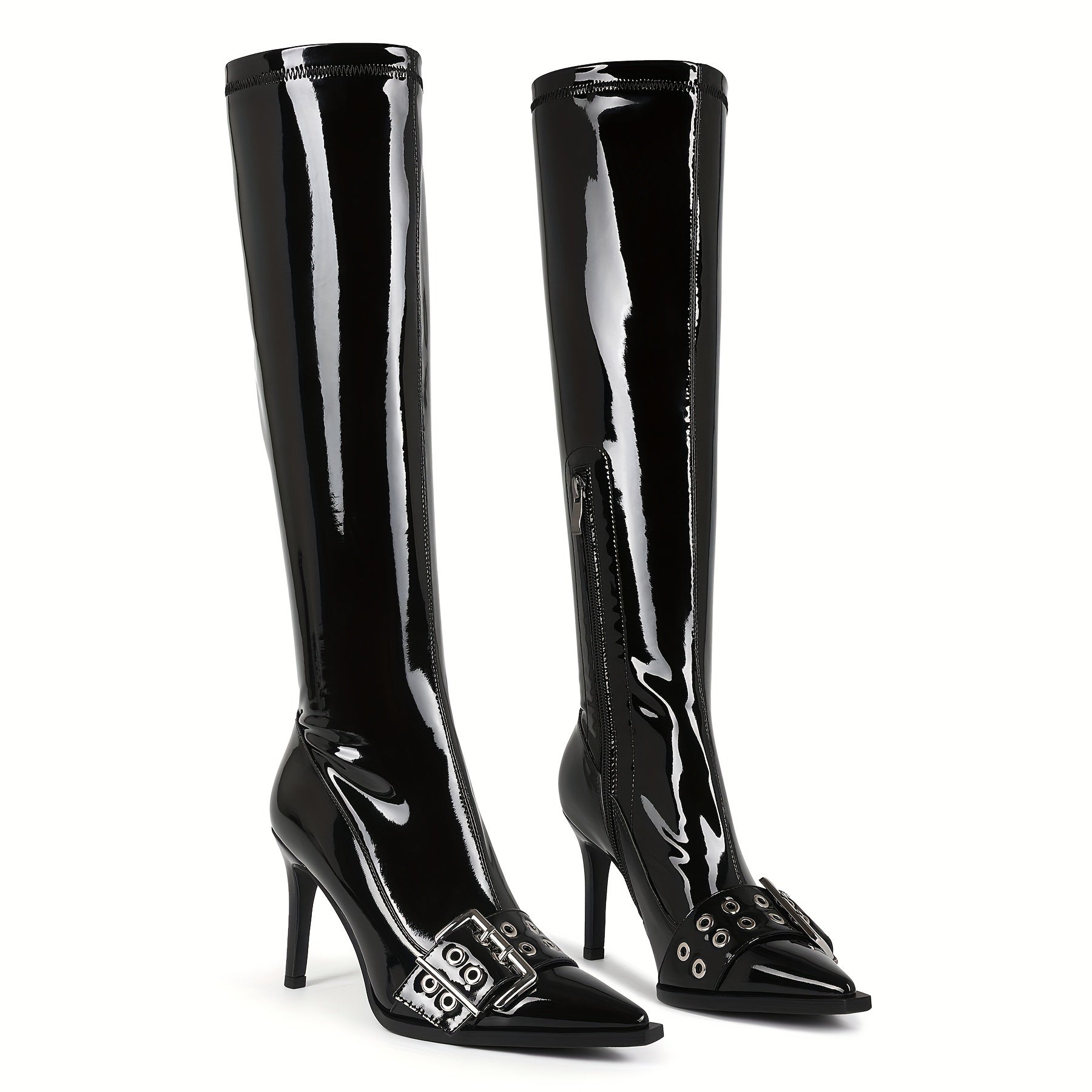 Women's Knee-High Patent Leather Stiletto Boots with Zipper and Buckle