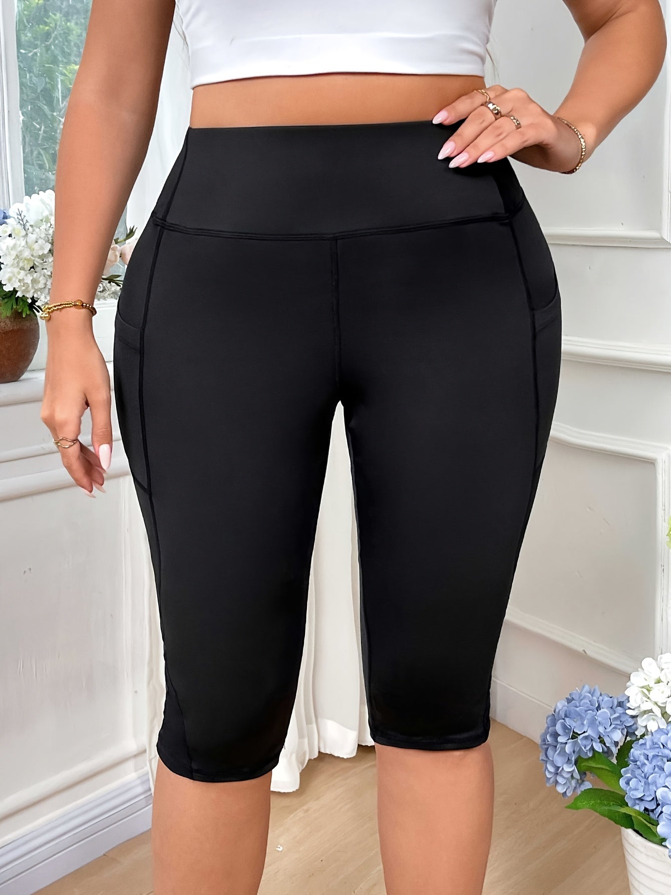 Pantalones cortos de yoga con cintura alta y elastico con bolsillos de malla para mujer