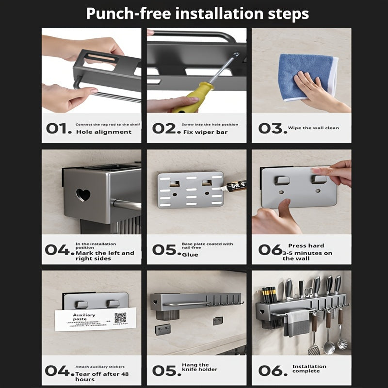 Soporte de utensilios de cocina de pared con ganchos, organizador de metal y plástico sin taladro