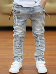 Children's Elastic Waist Denim Jeans with Patches and Pockets for Boys and Girls