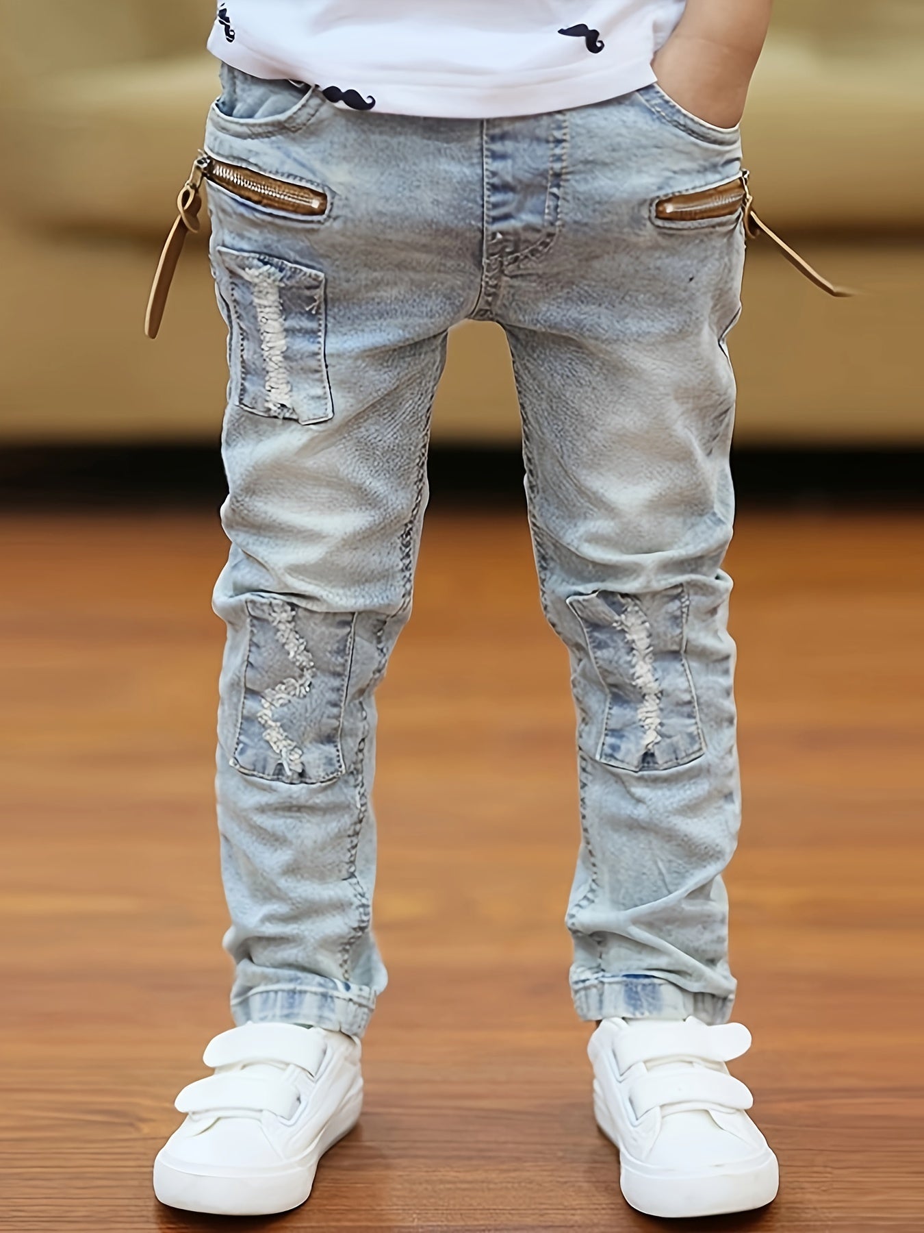 Children's Elastic Waist Denim Jeans with Patches and Pockets for Boys and Girls