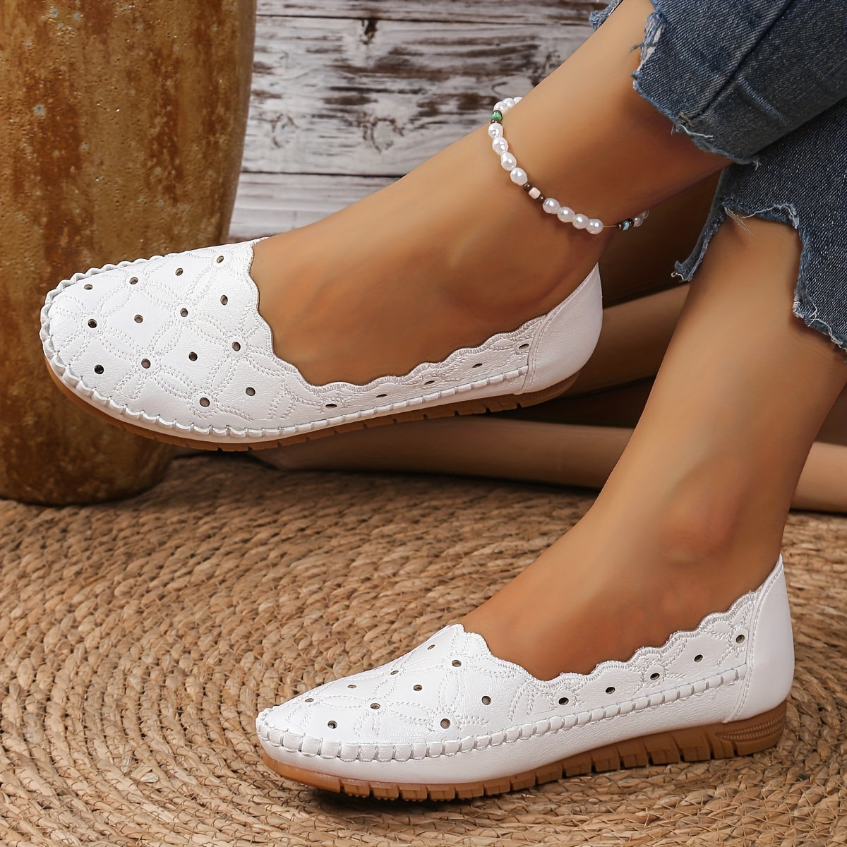 Women's Slip-On Flats White Synthetic Casual Shoes for Office and Everyday