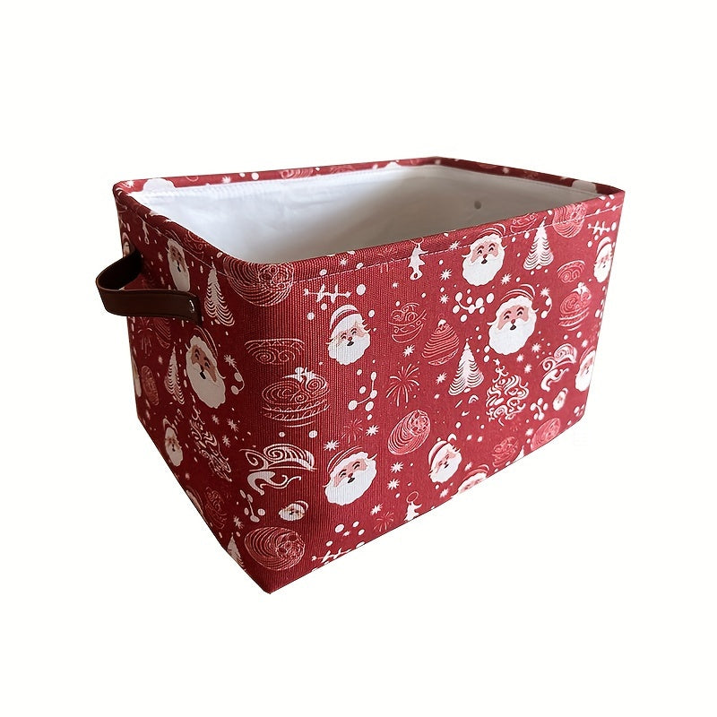 Christmas Fabric Storage Basket with Santa and Reindeer Design Folding Organizer Bin with Handles