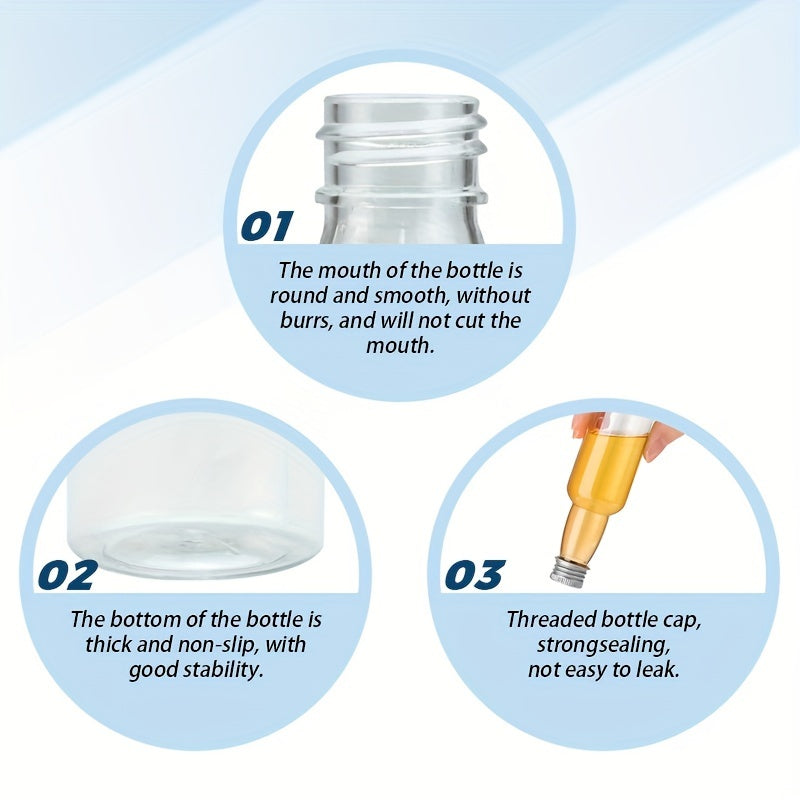 Set of 24 Reusable PET Plastic Juice Bottles 60ml 100ml 150ml with Lids and Funnel