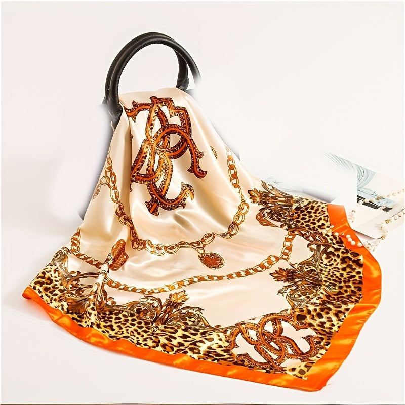 Women's Satin Square Scarf 88.9cm Leopard Chain Print Boho Head Wrap Shawl
