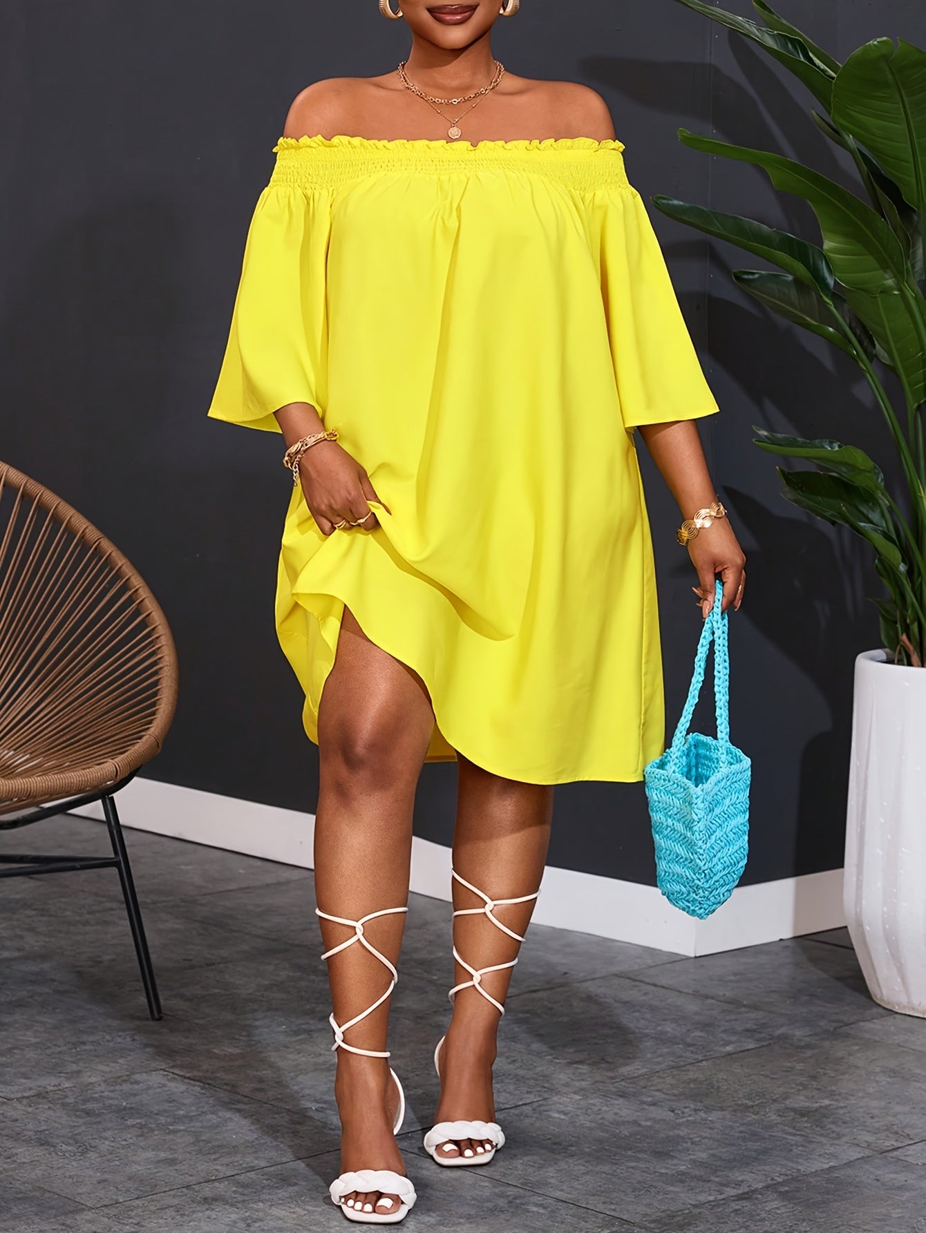 Plus Size Womens Off Shoulder Flared Hem Party Dress Yellow Casual Summer