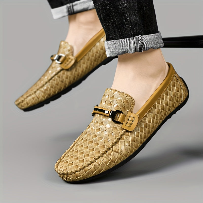 Men's Black Slip-On Loafers Breathable Diamond Pattern Casual Summer Lightweight Rubber Sole