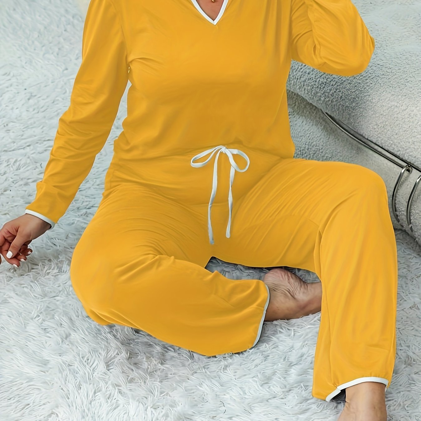 Plus Size Lounge Set Women Notched Neck Long Sleeve Tee & Lace Up Pants