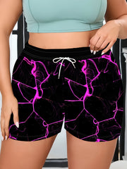 Plus Size Women's Athletic Shorts with Pockets and Drawstring Purple Floral