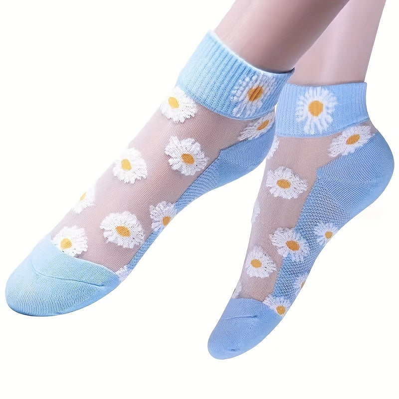 Women's Floral Print Short Socks 5 Pairs Breathable Lightweight Transparent Hosiery