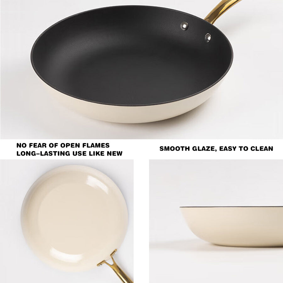 Flat-Bottomed Wok with Golden Handle for Chinese Cooking on Electric and Gas Stoves Dishwasher Safe Kitchen Cookware