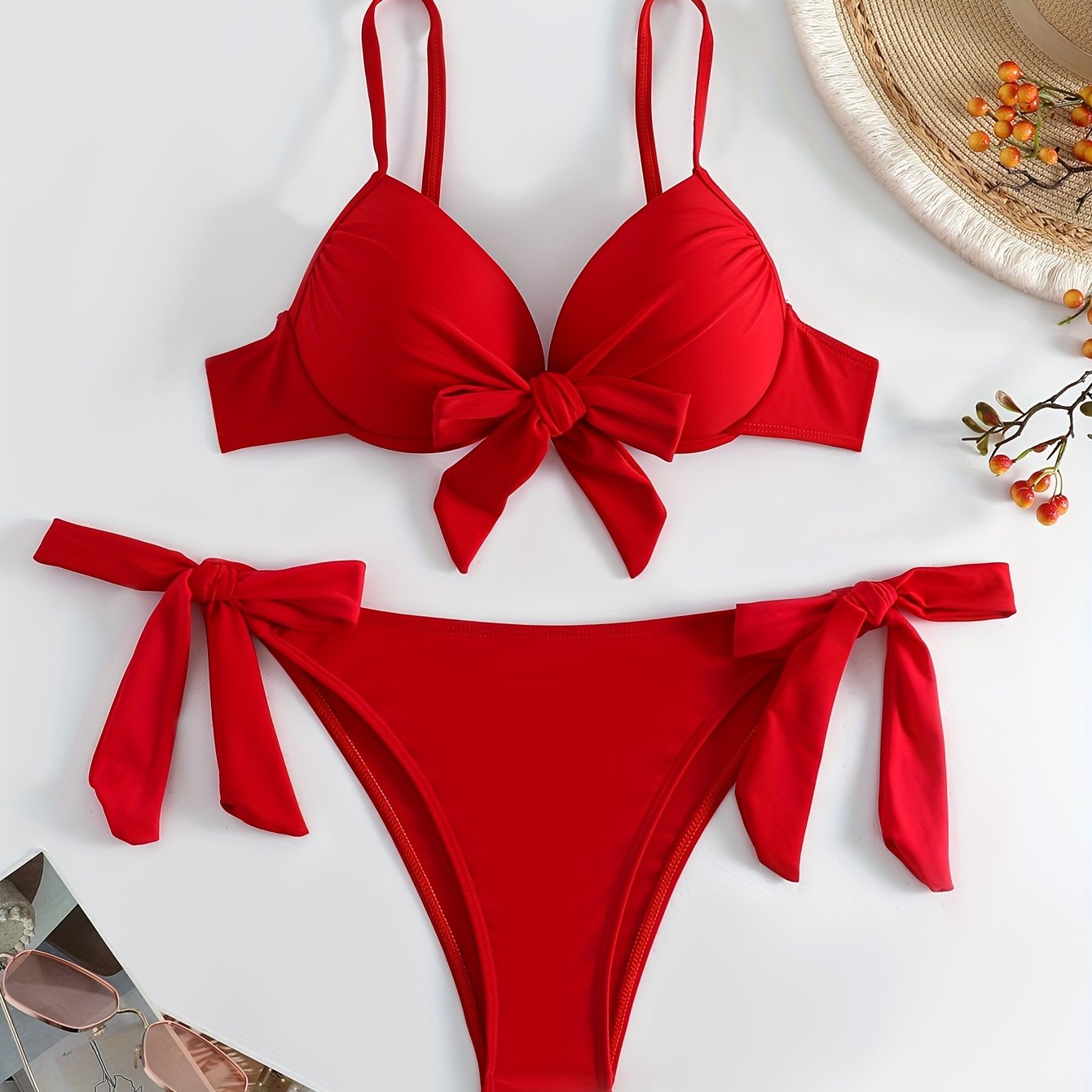 Red Solid Color Bikini Set with Lace Up Halter Neck and High Stretch Fabric