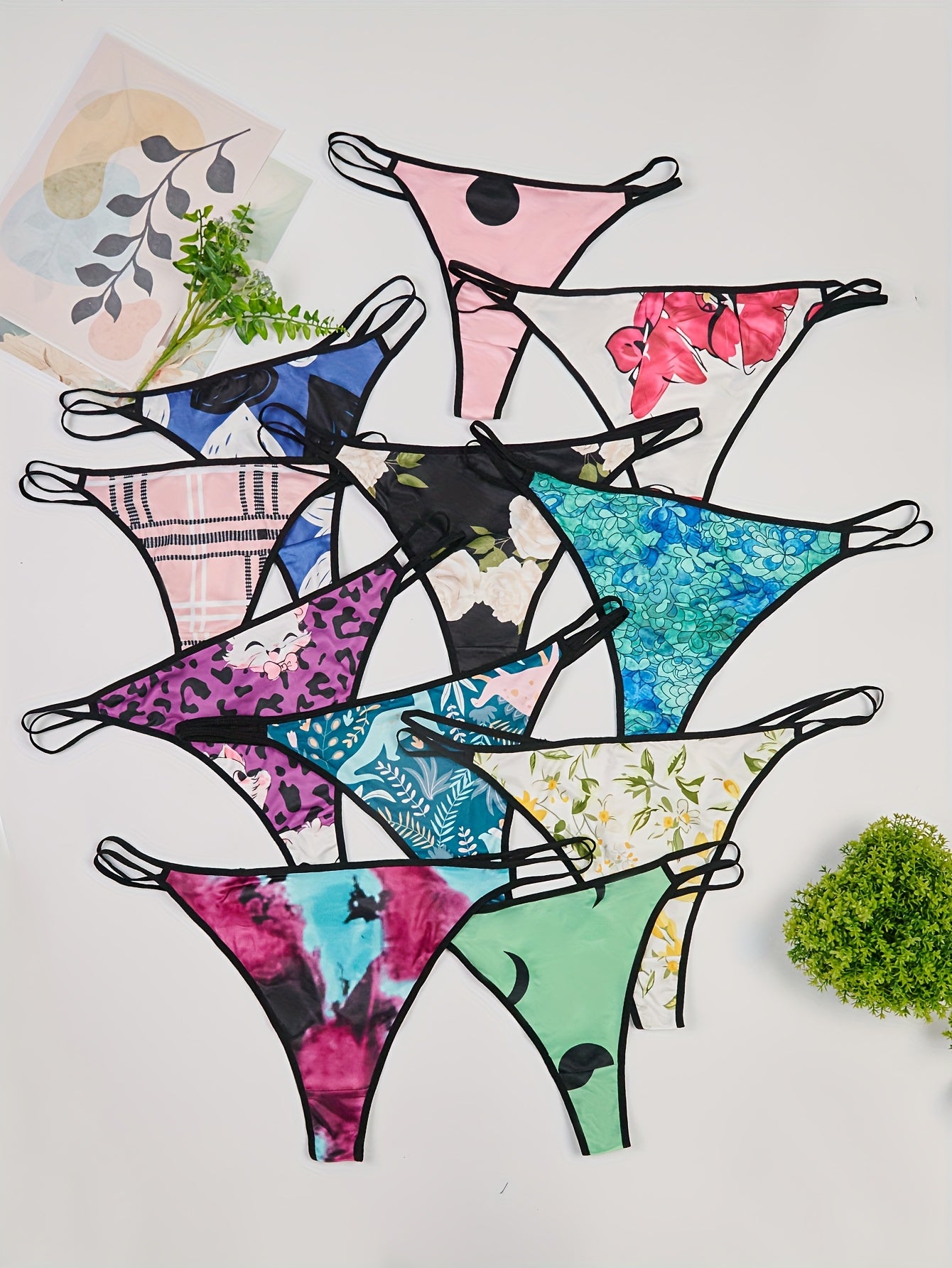 Women's Plus Size Low-Rise Thong Underwear 10 Pack Floral Abstract Print